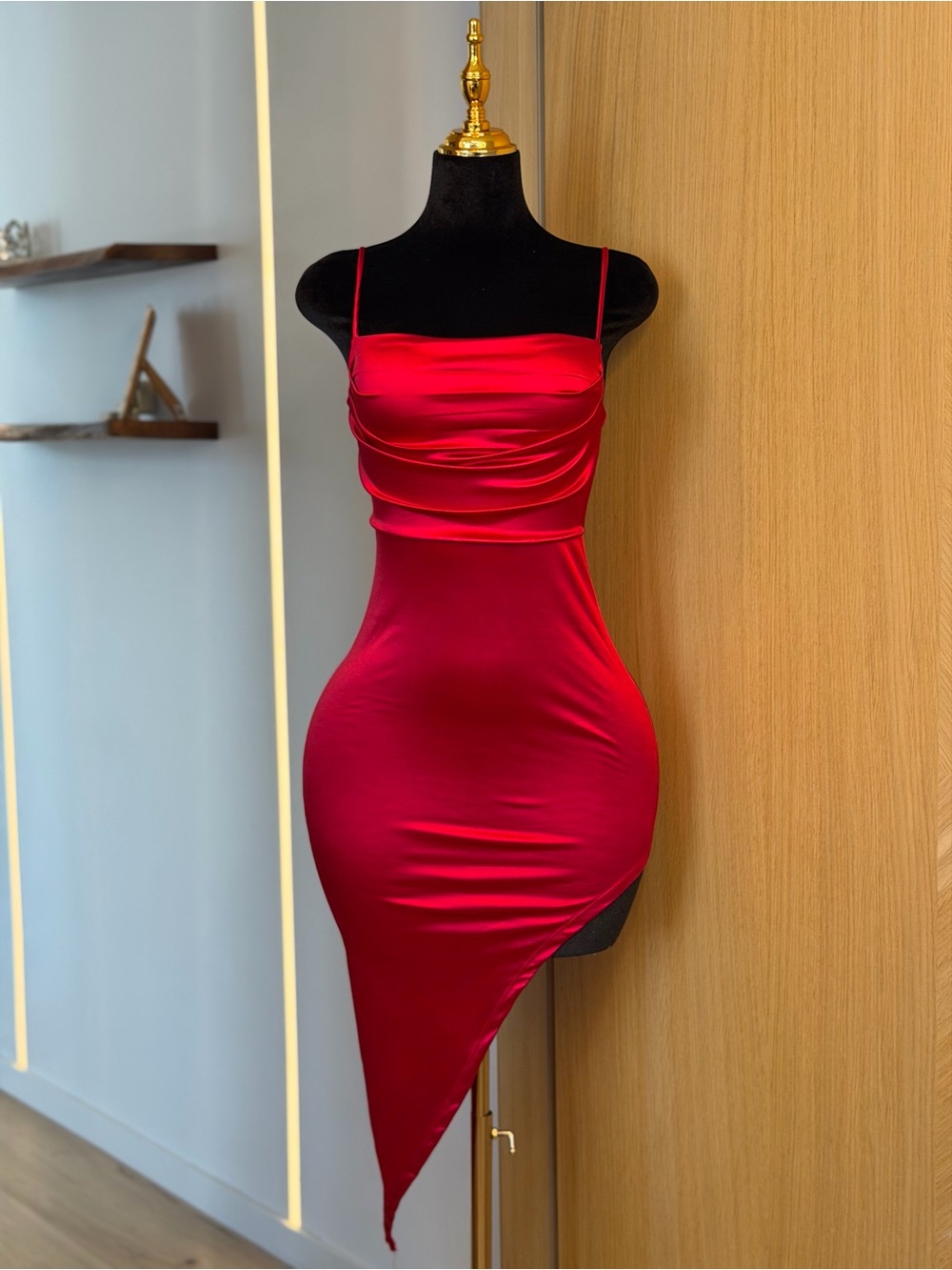 Refuge Red Satin Asymmetrical Midi Bodycon Dress | Siren Muse